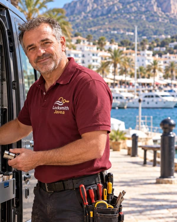 A man in a burgundy polo holds a new door cylinder beside an open van, boats moored in a harbour and white buildings under a mountain behind him