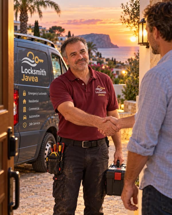 At sunset a man in a burgundy polo shakes hands with a customer at a lit doorway, a grey van and a headland over the sea behind them
