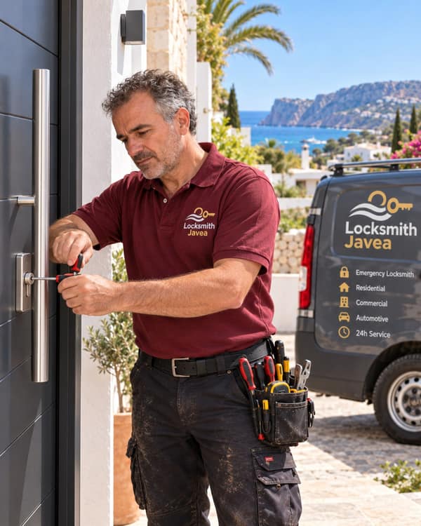 A man in a burgundy polo works a screwdriver into the cylinder of a tall grey door beside a long steel handle, a grey van and a cliff over the sea behind him